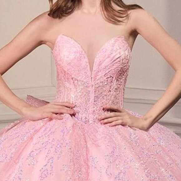 New Pink Strapless Layered Quinceanera Tulle Gown w/ Sequins Embroidery CD 15732 - Picture 4 of 10